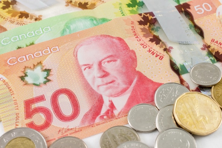 various bills and coins of Canadian currency